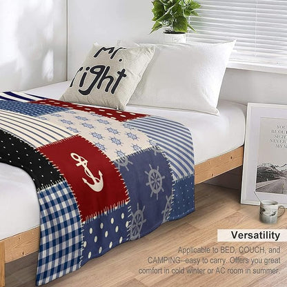 Nautical Blanket Vintage Coastal Rustic Red Blue White Polka Dot Stripe Anchor Patchwork Soft Cozy Lightweight Throw Blanket for Women Men Bedroom Living Room Dorm Chair Sofa Travel 40x50in