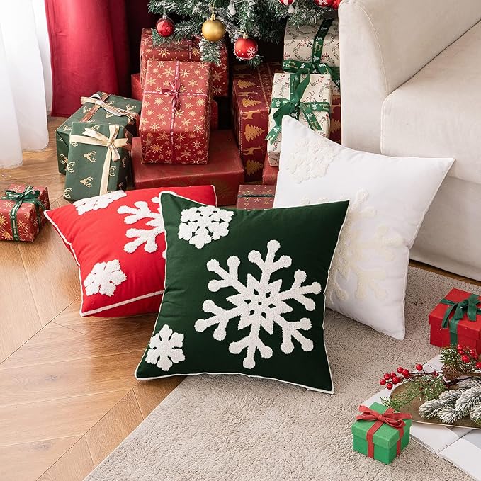 MIULEE Pack of 2 Christmas Decorative Snowflake Throw Pillow Covers Canvas Embroidery Winter Cushion Cases Holiday Decor Soft Pillowcases for Winter Couch Sofa Bedroom Car（Dark Green, 18x18in）