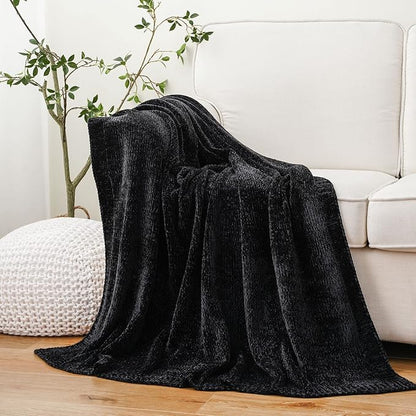 BATTILO HOME Black Throw Blanket for Couch, Woven Chenille Throw Blankets for Bed, Chair, Sofa, Black Knitted Blanket Cozy Soft Blanket, 51"x67"