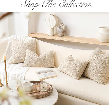 BlissBlush Light Beige Velvet Decorative Long Lumbar Pillow Cover 14x36, Neutral Floral Soft Body Pillow for Bed, Accent Lumbar Throw Pillow for Bedroom, Modern Farmhouse Textured Pillowcase
