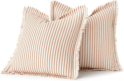 MIULEE Pack of 2 Orange Pillow Covers 18x18 Inch Striped Farmhouse Couch Throw Pillow Covers with Fringe Chic Linen Decorative Cushion Covers for Halloween Sofa Living Room Bed Outdoor Home Decor