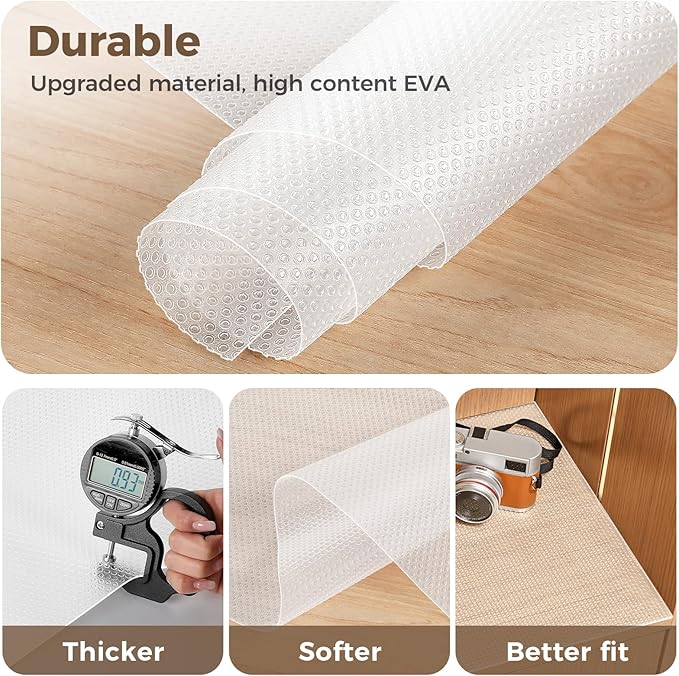 100% EVA Shelf Liner for Kitchen Cabinet, 12" x 360" Drawer Liners Non Adhesive Non Slip Waterproof Plastic Paper, Dresser Pantry Bathroom Refrigerator Protector, Clear