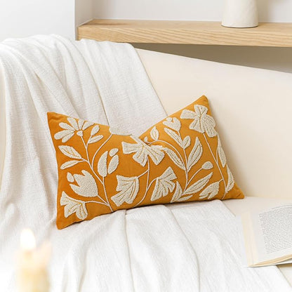 BlissBlush Fall Throw Pillow Cover 12x20, Yellow Mustard Soft Velvet Floral Decorative Lumbar Accent Throw Pillowcase, Tufted Farmhouse Textured Pillowcase for Couch Sofa Bed Living Room Home Décor