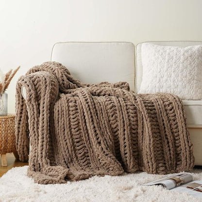 Battilo Beige Chunky Knit Throw Blanket for Couch, Super Soft Thick Warm Cable Knitted Blanket, Khaki Chenille Throw Taupe Blankets for Bed,Sofa, Living Room, 50"x60"