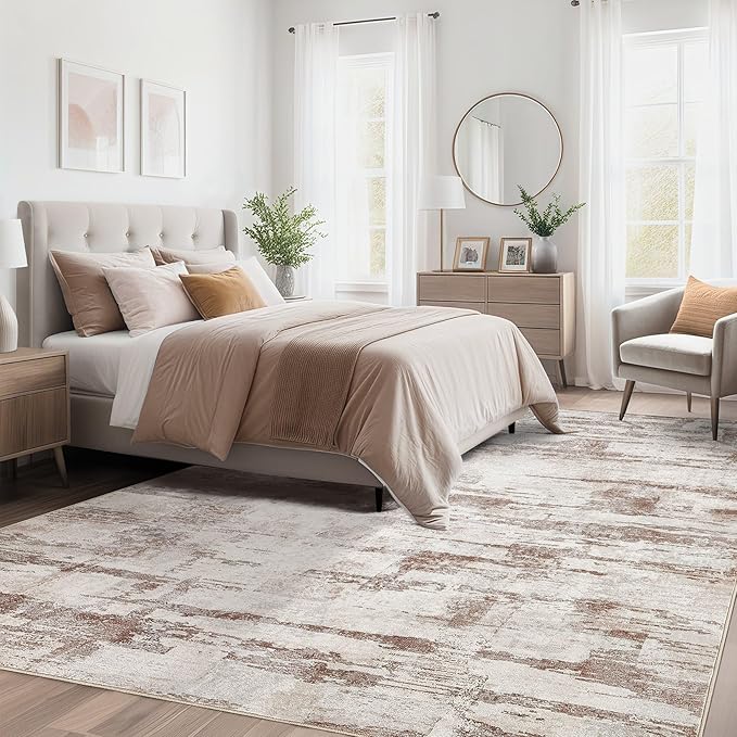 Abstract Living Room Rug 10x14 - Modern Washable Soft Thin Area Rug for Living Room Bedroom Under Dining Table - Neutral Indoor Floor Rug Carpets for Home Office Playroom Nursery - Light Brown