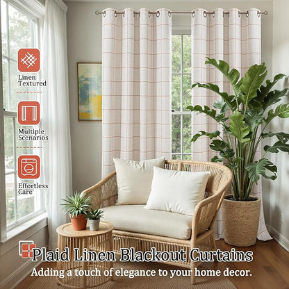 Plaid Curtains Pattern Printed 90 Inches Long - Total Linen Blackout Curtains for Living Room, Boho Grommet Drapes for Farmhouse Thermal Drapery 52x90 Inch 2 Panels, Terracotta