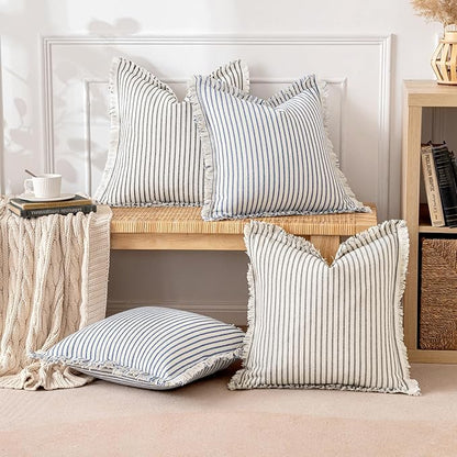 MIULEE Pack of 2 Gray Pillow Covers 26x26 Inch Striped Farmhouse Couch Throw Pillow Covers with Fringe Chic Linen Decorative Cushion Eruo Sham for Sofa Living Room Bed Outdoor Home Decor