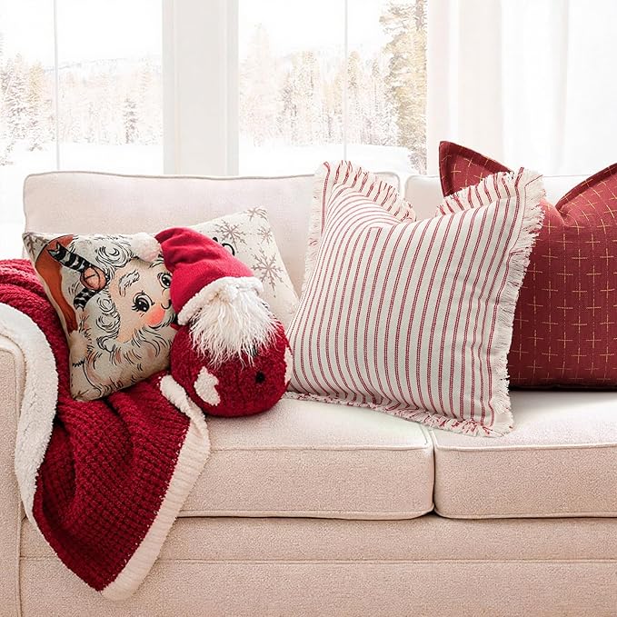 ZWJD Throw Christmas Pillow Covers 24x24 Set of 2 Striped Pillow Covers with Fringe Chic Cotton Decorative Pillows Square Cushion Covers for Sofa Couch Bed Living Room Farmhouse Decor