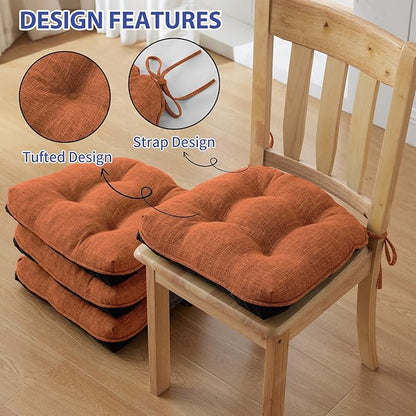 Chair Cushions for Dining Chairs Set of 4, Kitchen Chair Cushions, Chair Pads with Ties and Non Slip Backing, Tufted Memory Foam Seat Cushion 4 Pack, 15.5" x 15.5" x 4", Rust