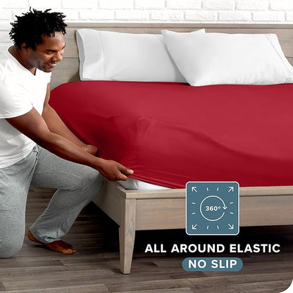 Bare Home Fitted Bottom Sheet King Size - Premium 1800 Microfiber - Ultra-Soft Hotel Luxury - Deep Pocket - Durable and Long Lasting (King, Red)