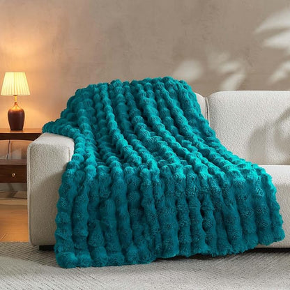 Lotus Karen Faux Fur Throw Blanket Teal - Big Bubble Rabbit Fluff Blanket for Couch Bed Sofa,Softest Fluffy Fuzzy Cozy Blanket,Thick Furry Plush Shaggy Warm Blankets for Women,90x90 Inches