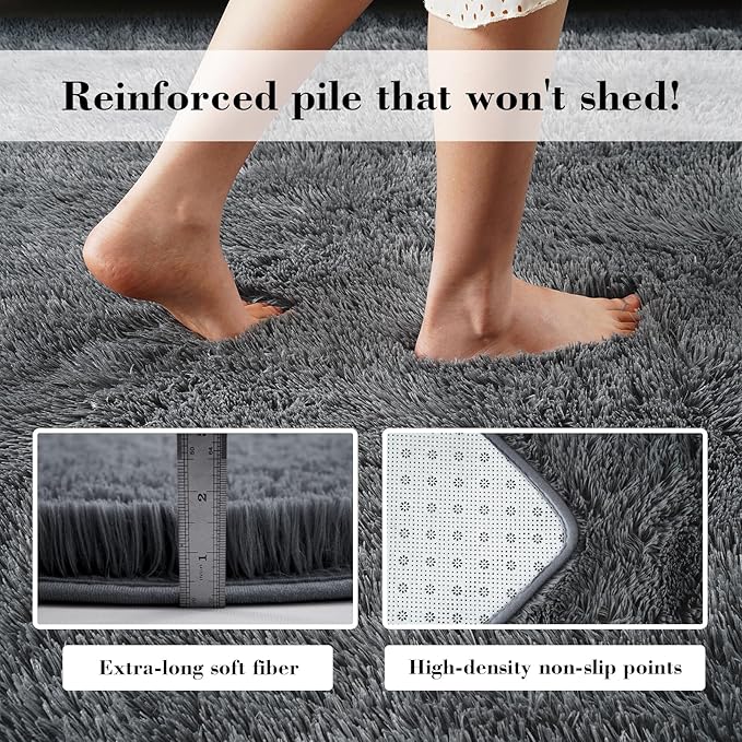 Fluffy Rug Shaggy Area Rug, Dark Grey 8x10 Area Rugs for Living Room, Large Shag Area Rugs for Bedroom Kids Room Home Decor, Upgrade Anti-Skid Rectangular Fuzzy Rugs