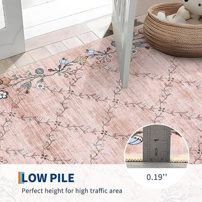 GarveeHome 4x6 Washable Floral Area Rugs for Living Room: Modern Floral Non Slip Large Area Rugs for Bedroom, Large Machine Washable Living Room Low Pile Carpet with Non-Slip Backing Pink 4 ft x6 ft.