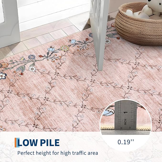 GarveeHome 2x6 Washable Floral Runner Rugs for Hallway: Modern Floral Non Slip Large Runner Rugs for Kitchen, Large Machine Washable Hallways Low Pile Carpet with Non-Slip Backing Pink 2 ft x6 ft.