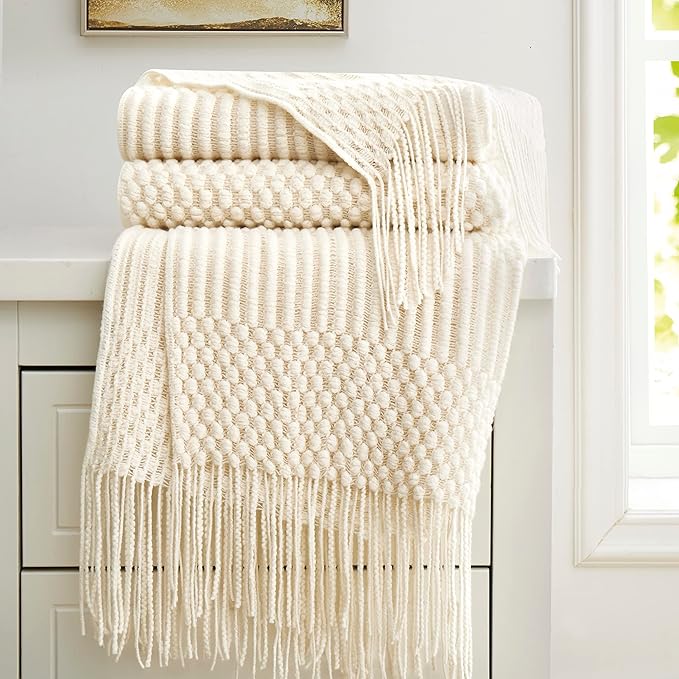 Off White Knitted Throw Blankets for Couch, Bedroom and Officeroom,Textured Fade Resistant Soft and Warm Decorative Knitted Blankets with Tassel,50"x60"