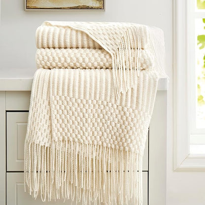 Off White Knitted Throw Blankets for Couch, Bedroom and Officeroom,Textured Fade Resistant Soft and Warm Decorative Knitted Blankets with Tassel,50"x60"