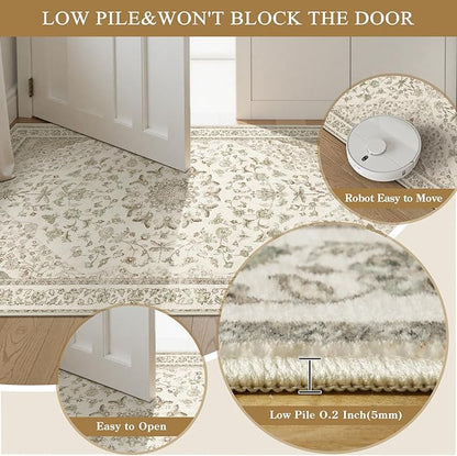 Moynesa 2x6 Beige Washable Runner Rug for Hallway, Boho Vintage Distressed Runner for Entryway Kitchen Bathroom Bedroom, Low Pile Soft Non-Slip Floor Mat for Laundry Nursery