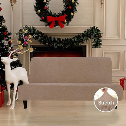 Easy-Going Stretch Futon Slipcover Armless Sofa Cover Furniture Protector Without Armrests Slipcover Soft with Elastic Bottom for Kids, Spandex Jacquard Fabric Small Checks(futon,Camel)