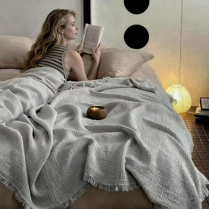 MorroMorn 100% Cotton Muslin Blanket with Fringes Twin Size 60"x80", 4-Layer Gauze Blankets for Adults, Boho Bedding Breathable Lightweight Ultra-Soft for Couch Bed All Seasons, Grey