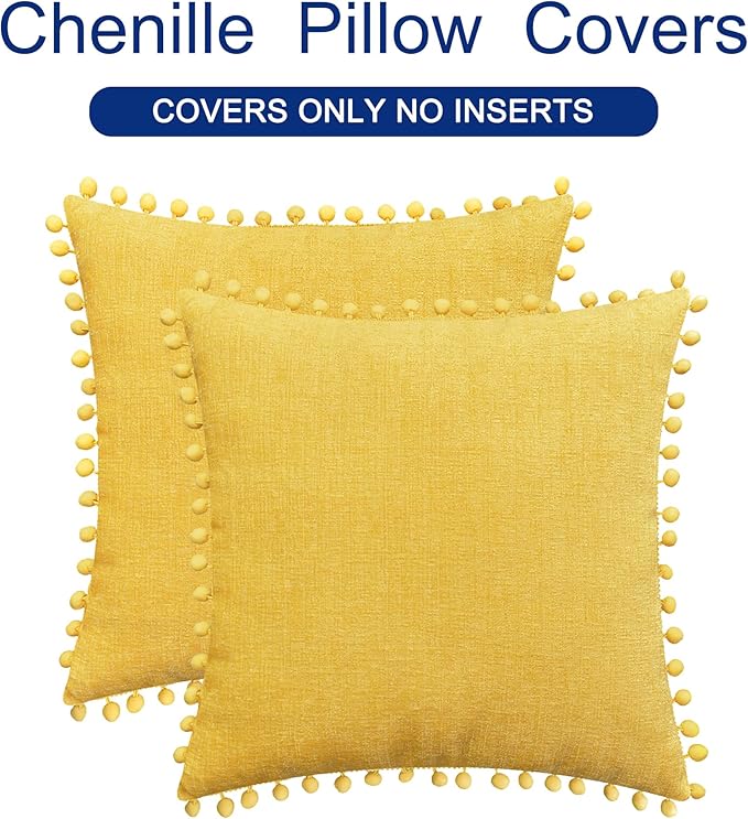 CaliTime Throw Pillow Covers Decorative 22 X 22 Inches Pack of 2 Cozy Solid Dyed Soft Chenille Cushion Cases with Pom Poms for Couch Sofa Bed Living Room Home Mustard Yellow