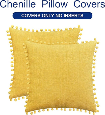 CaliTime Throw Pillow Covers Decorative 22 X 22 Inches Pack of 2 Cozy Solid Dyed Soft Chenille Cushion Cases with Pom Poms for Couch Sofa Bed Living Room Home Mustard Yellow