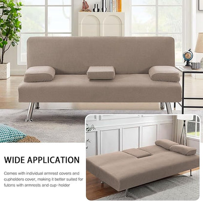 H.VERSAILTEX 4 Pieces Stretch Futon Covers Sofa Bed Slipcover with Removable Armrests and Cupholders Covers Furniture Protector High Spandex Small Checks Jacquard Fabric, Sand