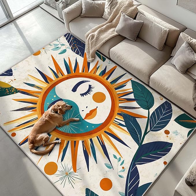 6x9 Sun and Moon Area Rug Leaf Orange Yellow Blue Beige Rug Non Slip Low Pile Large Carpet for Home Kitchen Living Room Bedroom Dining Room Office