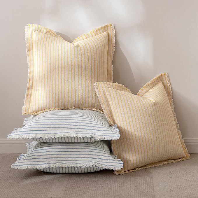 MIULEE Pack of 2 Yellow Pillow Covers 26x26 Inch Striped Farmhouse Couch Throw Pillow Covers with Fringe Chic Cotton Decorative Cushion Covers for Summer Sofa Living Room Bed Outdoor Home Decor