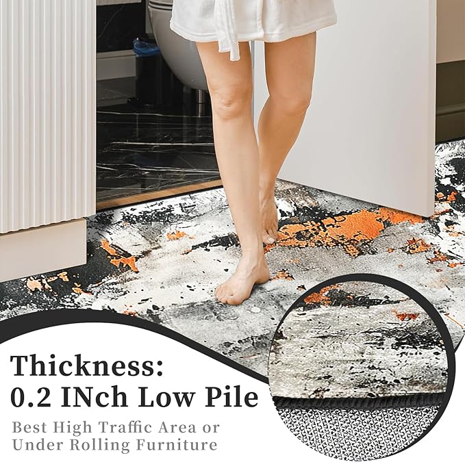 9CH Abstract Distressed Design Area Rug 7' X 5' Grey & Orange Boho Chic Faux Wool Rugs Soft Non-Slip Low Pile Floor Carpets for Bedroom Living Room Dining Room