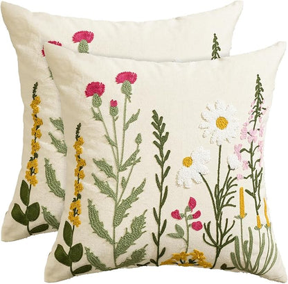 AVOIN colorlife Holiday Floral Embroidered Decorative Throw Pillow Covers Set of 2, 18 x 18 Inch Daisy Colorful Flowers Tufted Patterned Linen Cushion Cases for Bedroom Living Room Sofa Couch