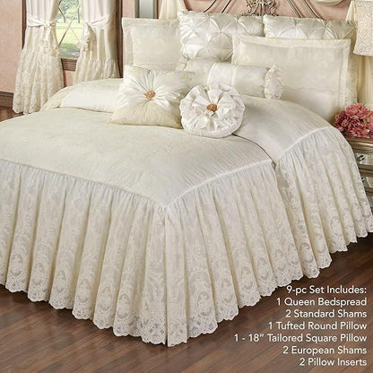 Cameo Lace Luxury Washable Polyester Bedding | Vintage | Pearl Scroll Leaf Quilting | Set of Nine: Queen Bedspread, 2 Standard Shams, 2 European Pillows and 2 European Shams, Square and Round Pillows