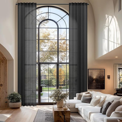 Dreaming Casa Black Sheer Curtains 204 Inches Long, Rod Pocket & Back Tab Light Filtering Textured Sheers for Living Room Bedroom, 2 Panels, Each 52" W x 204" L