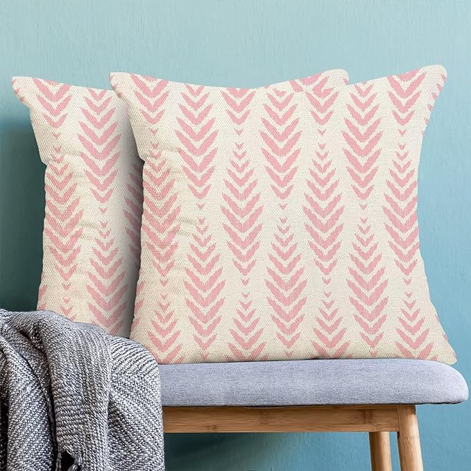BETGINY Boho Pillow Covers 16 x 16 Inch Pack of 2, Pink Bohemian Ethnic Herringbone Pattern Decorative Throw Pillow Covers Vintage Linen Farmhouse Outdoor Pillowcase for Bedroom Home Sofa Decor