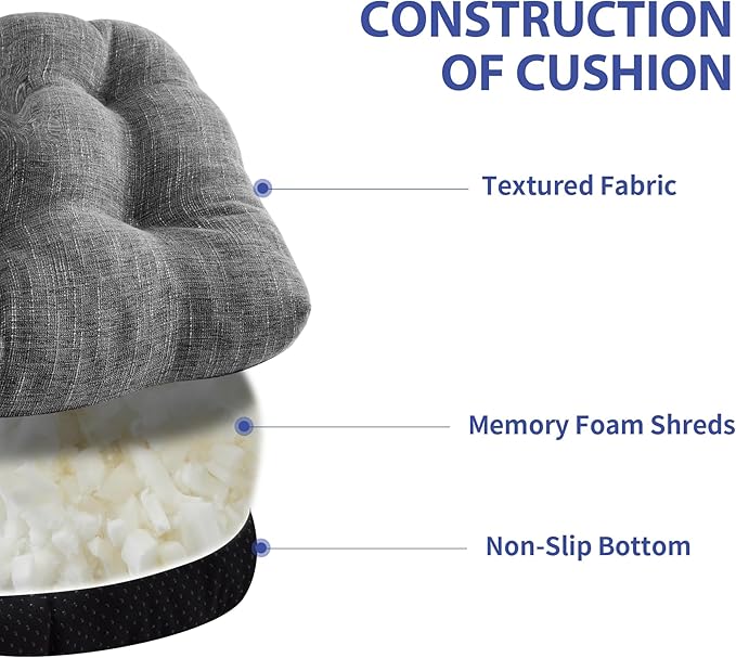 Chair Cushions for Dining Chairs Set of 2, Kitchen Chair Cushions, Chair Pads with Ties and Non Slip Backing, Tufted Memory Foam Seat Cushion 2 Pack, 15.5" x 15.5" x 4", Dark Gray