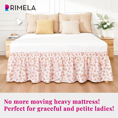 RIMELA Pastel Rose Bed Skirt Queen Size 15 Inch Drop, Elastic Bed Skirting for Bed Frame, Bedding Dust Ruffle Easy to Install, Lightweight Wrap Around Adjustable Bedskirt,Bedroom Decor