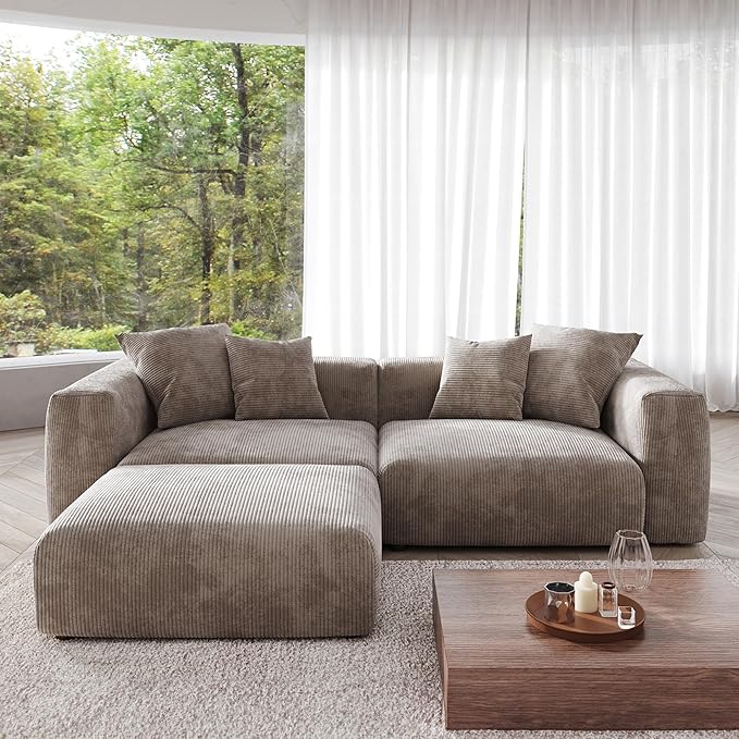 JACH Sectional Couches for Living Room, Modern Corduroy Modular Sectional Couch with Chaise Ottoman, Cushion Covers Removable, Corduroy Sofas Couches for Living Room, Office (Light Brown)
