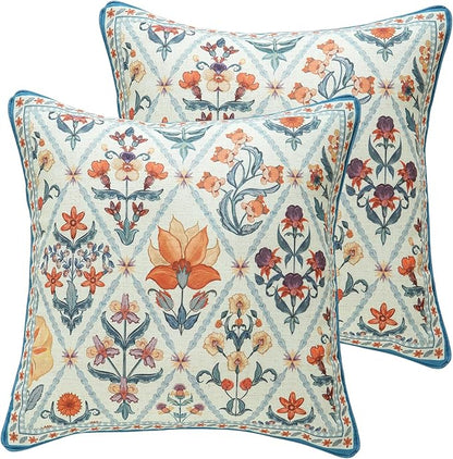 ISAENNE Design Square Linen Throw Pillow Covers 18"x18" Pack of 2, Blue Floral Country Cushion Covers with Colorful Wildflower Pattern Decor Pillowcases for Bed,Living Room,Outdoor,Car