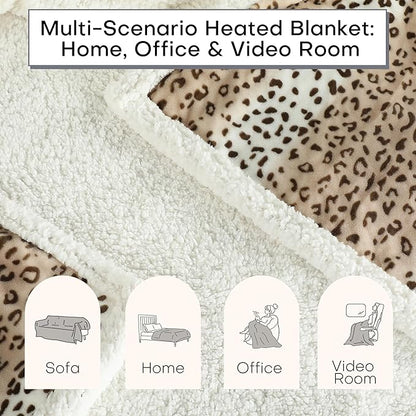 Electric Heated Blanket Throw Size 50"x60" - Dual-Sided with Microplush & Sherpa Fabric, 4 Heat Settings & 3 Hours Auto Off - Beige Leopard Print
