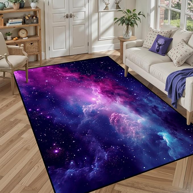 6' x 9' Purple Galaxy Rug Space Rugs Colorful Throw Rug Non-Slip Sun and Cloud Carpet Doormats for Living Room Bedroom Apartment Dorm Floor Mat