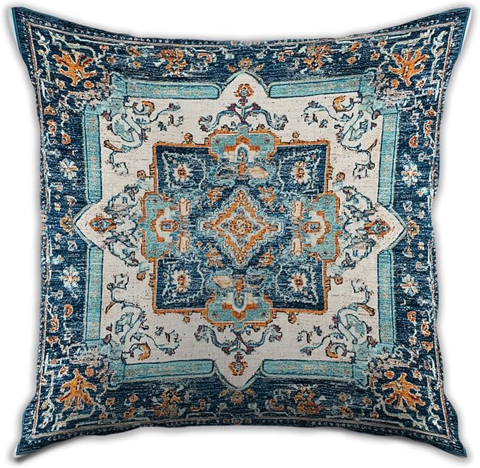 Vintage Boho Floral Print Throw Pillow Cover, Orange, Blue - Retro Rust Floral Decor Pillowcase, Indoor Outdoor Cushion Case for Sofa Couch Bed Living Room Bedroom Home (Blue&White, 18x18inch)
