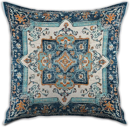 Vintage Boho Floral Print Throw Pillow Cover, Orange, Blue - Retro Rust Floral Decor Pillowcase, Indoor Outdoor Cushion Case for Sofa Couch Bed Living Room Bedroom Home (Blue&White, 18x18inch)