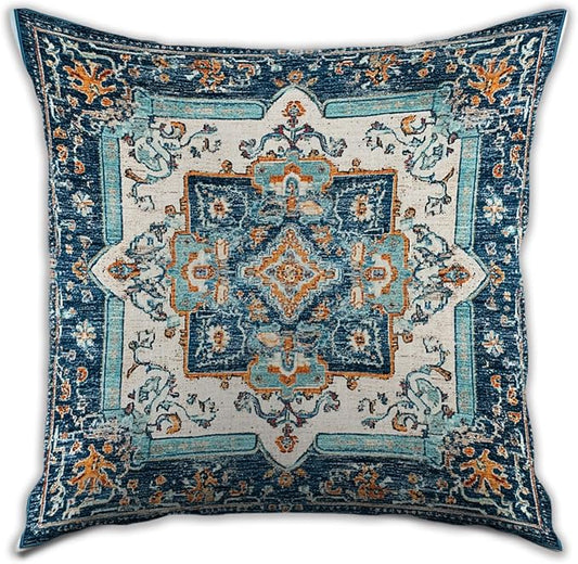 Vintage Boho Floral Print Throw Pillow Cover, Orange, Blue - Retro Rust Floral Decor Pillowcase, Indoor Outdoor Cushion Case for Sofa Couch Bed Living Room Bedroom Home (Blue&White, 18x18inch)