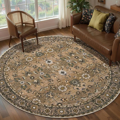 Tangsoo Vintage Round Rug 6ft,Washable Circle Rug, Non Slip Boho Round Area Rug,Low Pile Circular Rugs,Large Round Rugs Carpet for Livingroom,Bedroom,Nursery,Dorm,Office,Brown
