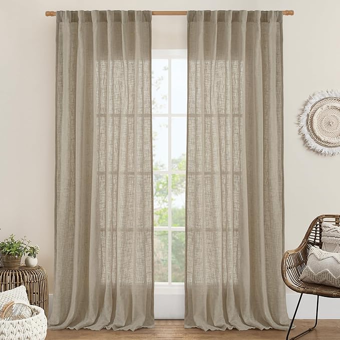 LAMIT Linen Curtains for Living Room 84 inch Length 2 Panels, Light Filtering Semi Sheer Curtains Back Tab and Rod Pocket Farmhouse Drapes for Bedroom/Sliding Glass Door, Taupe, 52 x 84 Inch