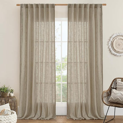 LAMIT Linen Curtains for Living Room 84 inch Length 2 Panels, Light Filtering Semi Sheer Curtains Back Tab and Rod Pocket Farmhouse Drapes for Bedroom/Sliding Glass Door, Taupe, 52 x 84 Inch