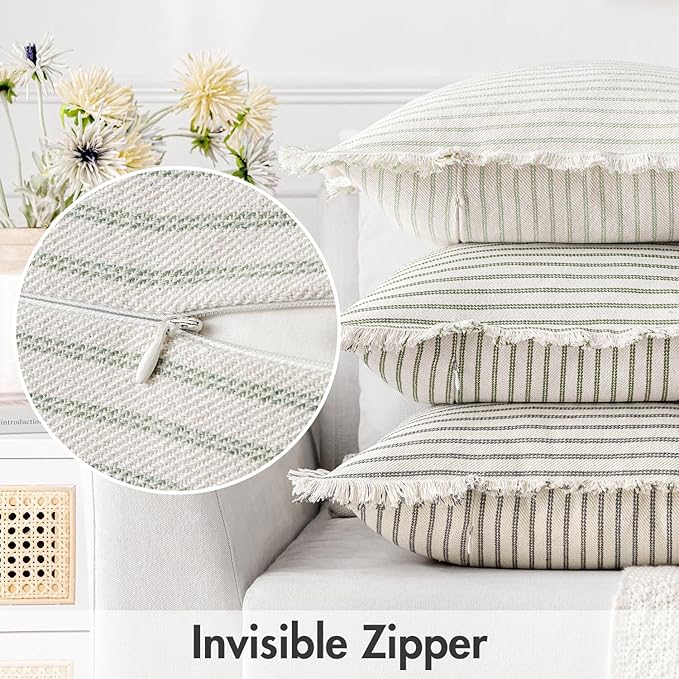 MIULEE Pack of 2 Sage Green Pillow Covers 18x18 Inch Striped Farmhouse Couch Spring Throw Pillow Covers with Fringe Chic Linen Decorative Cushion Covers for Sofa Living Room Bed Outdoor Home Decor