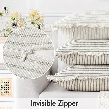 MIULEE Pack of 2 Sage Green Pillow Covers 18x18 Inch Striped Farmhouse Couch Spring Throw Pillow Covers with Fringe Chic Linen Decorative Cushion Covers for Sofa Living Room Bed Outdoor Home Decor