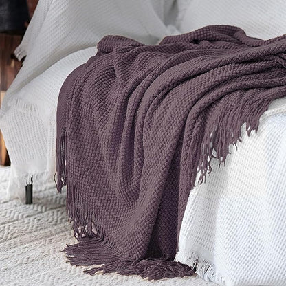 LOMAO Knitted Throw Blanket with Tassels Bubble Textured Soft Blanket Lightweight Throws for Couch Cover Home Decor (Grey Purple, 50x60)