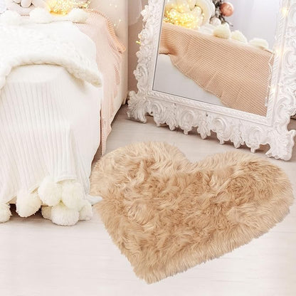 uxcell Heart Shaped Rugs for Bedroom,Small Aesthetic Carpet Girls,Cute Shaggy Floor Mirror Mat,Pastel Furry Throw Rug 2.3ftx3ft, Khaki