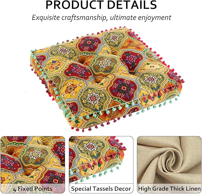 Bohemian Seat Cushion，Indoor & Outdoor 16.5" x 16.5" Seating Cushion for Dinning Chairs, Decorative with Tassels(2Pcs,Yellow)